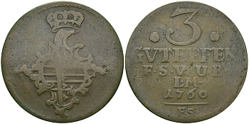 Саксен-Веймар-Эйзенах 3 пфеннига 1760 FS, Анна Амалия Брауншвейгская (1758-1775) KM 34, Koppe 593, Slg. Merseburger 3999 медь 65-611