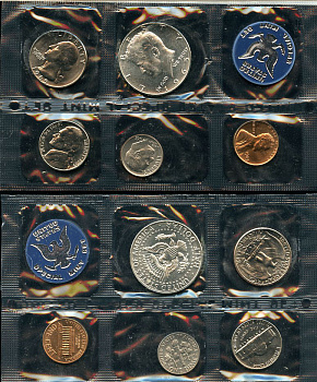 США официальный набор из 5 монет и жетона монетного двора 1965 Джон Кеннеди, оригинальный конверт, сертификат KM MS 118 серебро  UNC  1181-4-12