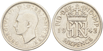 Великобритания 6 пенсов 1942 Георг VI (1936-1952) KM 852, Spink 4084 серебро 4588-615