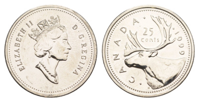 Канада 25 центов 1999 Елизавета II (1952-2022), олень KM 184 никель PROOF-LIKE (BU) 4638-546