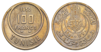 Тунис 100 франков 1950 Y 276 медно-никель 215-626