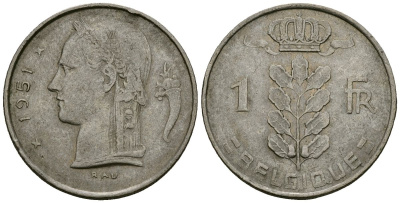 Бельгия 1 франк 1951 Belgique KM 142 медно-никель 4172-527