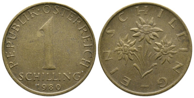 Австрия 1 шиллинг 1980 KM 2886 алюминиевая бронза 36-524