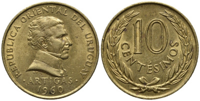 Уругвай 10 сентесимо 1960 ARTIGAS KM 39 никель латунь 4577-641
