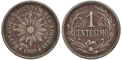 Уругвай 1 сентесимо 1909 KM 19 медно-никель 4169-567