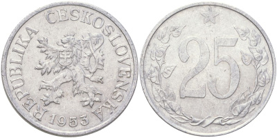 Чехословакия 25 геллеров 1953 KM 39 алюминий 4163-1254