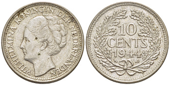 Нидерланды 10 центов 1944 Вильгельмина (1890-1948) KM 163 серебро aUNC 66-1266