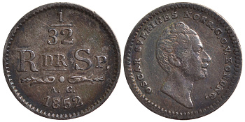 Швеция 1/32 риксдалера 1852 Оскар I (1844-1859) KM 681 серебро 4179-714