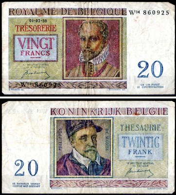 Бельгия 20 франков 1950 Pick 132 a бумага 8604-16-4-1