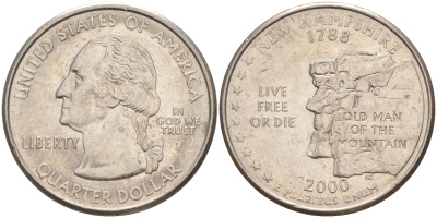 США 25 центов = квотер 2000 Р, серия штаты США, Нью-Гэмпшир KM 308 медь плакированная медно-никелем 4114-141