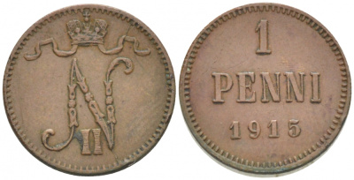 РОССИЯ ДЛЯ ФИНЛЯНДИИ 1 ПЕННИ 1915 НИКОЛАЙ II KM 13, Биткин 475 медь 261-1131