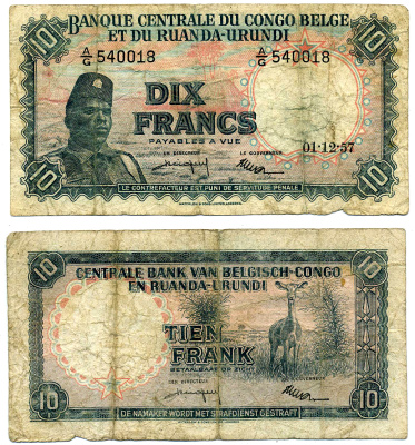 Бельгийское Конго 10 франков 1957 1 декабря 1957, Солдат "Общественных сил" (Аскари), антилопа Pick 30 b бумага 2119-4-3-1
