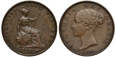 Великобритания 1/2 пенни 1854 Виктория (1837-1901) KM 726, Spink 3949 медь 1518-1621