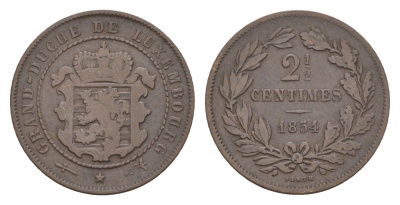 Люксембург 2 1/2 сантима 1854 Виллем III (1849-1890) KM 21 бронза 4655-239