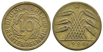 ГЕРМАНИЯ 10 РЕНТЕНПФЕННИГОВ 1924 A KM 33, J. 309, Weege 8 алюминиевая бронза 4380-924