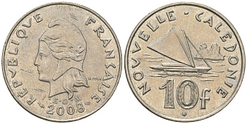 Французская Новая Каледония 10 франков 2008 рыбачья парусная лодка, (IEOM) KM 11a, Schoen 13a, Lec 99k медно-никель 60-753