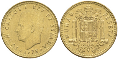 ИСПАНИЯ 1 ПЕСЕТА 1975 (77) ХУАН КАРЛОС I (1975-) КМ 806 алюминиевая бронза 192-825