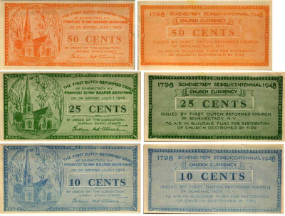 США НАБОР ИЗ ТРЁХ БАНКНОТ 1948 150 ЛЕТ ПЕРВОЙ НЕМЕЦКОЙ РЕФОРМИСТСКОЙ ЦЕРКВИ, 10, 25, 50 ЦЕНТОВ, ЧАСТНЫЙ ВЫПУСК бумага 7214-9-1-2