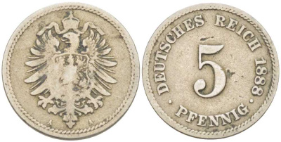 ГЕРМАНИЯ 5 ПФЕННИГОВ 1888 А, СТАРОГЕРБОВКА KM 3, J. 3 медно-никель 206-1165