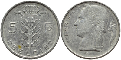 Бельгия 5 франков 1949 Belgie, Леопольд III (1934-1951) KM 135.1 медно-никель 4395-517