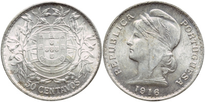Португалия 50 сентаво 1916 голова свободы KM 561 серебро  UNC  1530-1141