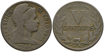 Колумбия 5 сентаво 1946 KM 199, Schon 14, Restrepo 368 медно-никель 4576-1226