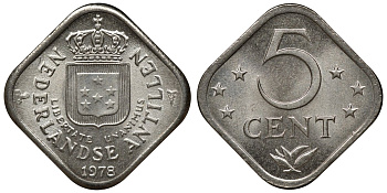 Нидерландские Антилы 5 центов 1978 Юлиана (1948-1980) KM 13 медно-никель UNC M55-11