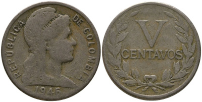 Колумбия 5 сентаво 1946 KM 199, Schon 14, Restrepo 368 медно-никель 4576-1226