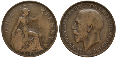 Великобритания 1 пенни 1918 H, Георг V (1910-1936) HEATON MINT KM 810, Spink 4052 бронза 1524-534