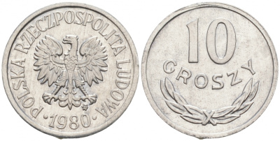 ПОЛЬША 10 ГРОШЕЙ 1980 MW KM АА47 алюминий UNC 99-1014