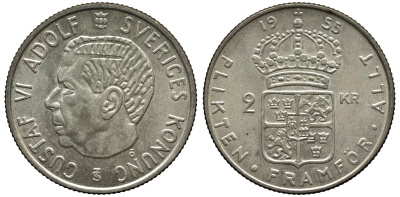 Швеция 2 кроны 1955 TS, Густав VI Адольф (1950-1973) KM 827 серебро 221-544