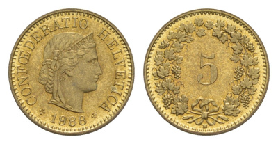 Швейцария 5 раппенов 1988 B KM 26c алюминиевая бронза 4609-249