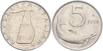 Италия 5 лир 1998 R, дельфин KM 92 алюминий  UNC  4594-961