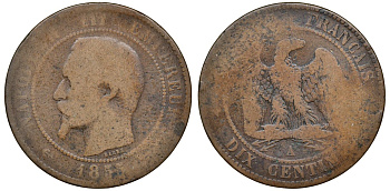 ФРАНЦИЯ 10 САНТИМОВ 1855 А, НАПОЛЕОН III (1852-1870) KM 771.1, LE FRANC 133.19 бронза 72-532
