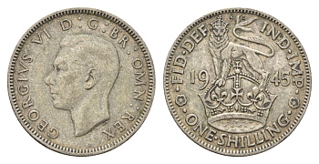 Великобритания 1 шиллинг 1945 Георг VI (1936-1952), Английский герб KM 853, Spink 4082 серебро 4118-122