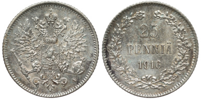Россия для Финляндии 25 пенни 1916 S, Николай II (1894-1917) KM 6.2, Биткин 421 серебро 75-1347