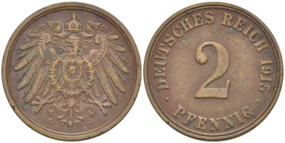 ГЕРМАНИЯ 2 ПФЕННИГА 1915 A KM 16, J. 11, Weege 4 медь 206-649