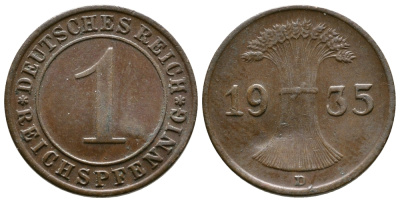 Германия 1 рейхспфенниг 1935 D KM 37, J. 313 бронза 220-121