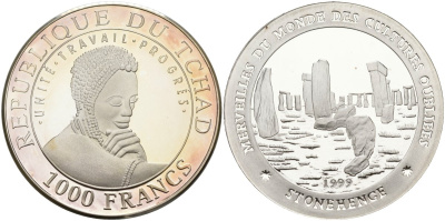 Чад 1000 франков 1999 серия наследие мировых культур, Стоунхендж серебро PROOF 04-317-32