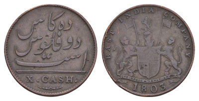 Британская Индия, Мадрас (Пагода) 10 кэш 1803 KM 319 медь 4656-125