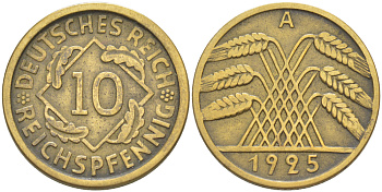 ГЕРМАНИЯ 10 РЕЙХСПФЕННИГОВ 1925 A KM 40, J. 317, Weege 9 алюминиевая бронза 4182-713