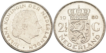 Нидерланды 2 1/2 гульдена 1980 Юлиана (1948-1980) KM 191 никель 4593-645