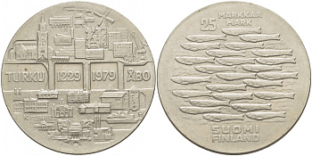 Финляндия 25 марок 1979 K-H, 750 лет городу-порту Турку KM 58 серебро 443-225