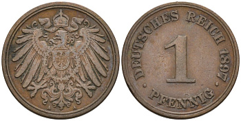 Германия 1 пфенниг 1897 A KM 10, J. 10, Weege 2 медь 4567-1127