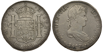 Перу 8 реалов 1817 JP, Фердинанд VII Испанский (1808-1821) KM серебро 11-271-21