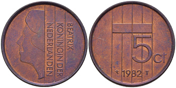 Нидерланды 5 центов 1982 Беатрикс (1980-2013) KM 202 бронза 67-852