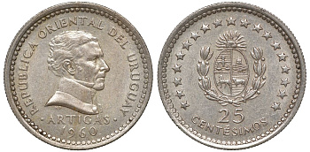 Уругвай 25 сентесимо 1960 KM 40 медно-никель 4169-1039