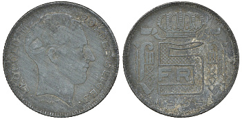 Бельгия 5 франков 1945 Belges KM 129.1 цинк 4163-526