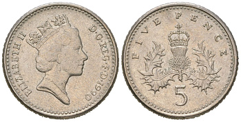 Великобритания 5 пенсов 1990 Елизавета II (1952-2022) KM 937b, Spink 4372 (D4) медно-никель 4532-442