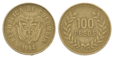 Колумбия 100 песо 1994 KM 285 латунь 4114-1045
